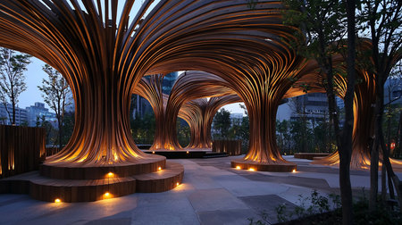 A striking wooden architectural installation featuring curved, tree-like columns supporting an organic canopy, illuminated by warm, embedded lights.の素材