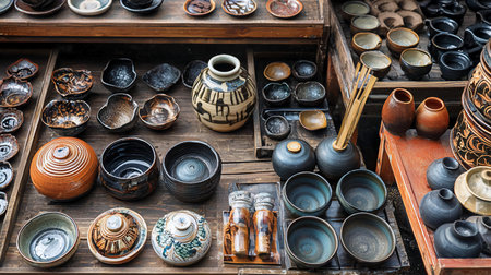Numerous handcrafted ceramic pottery items, including various bowls, vases, and lidded containers. They feature natural glazes, earthy colors, and unique textured surfaces.の素材