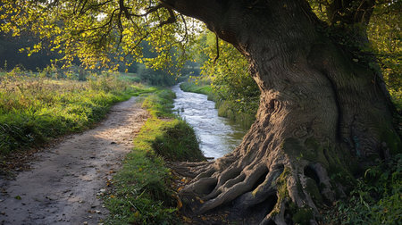 A large, mature tree with gnarled bark and prominent roots, positioned beside a flowing river. Green leaves adorn its branches.の素材