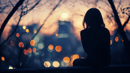 A dark silhouette of a woman with long hair sits, facing away, looking at blurred city lights during a sunset or dusk.の素材