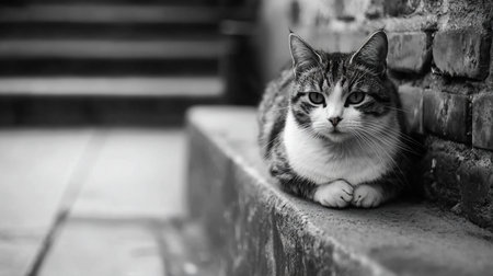 A black and white image of a tabby cat with white chest and paws, resting on a concrete ledge. The cat is looking directly at the camera.の素材
