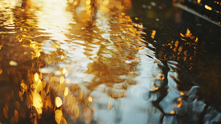 A close-up of a rippling water surface reflecting warm, golden light, creating abstract patterns and shimmering bokeh on a dark, wet ground.の素材