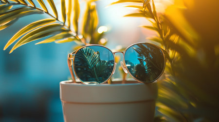 Round sunglasses with gold frames and blue lenses, reflecting a vibrant outdoor scene. The lenses show a mirrored image of plants and buildings.の素材