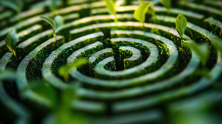 Detailed close-up of a vibrant green spiral maze, featuring lush moss and tiny fresh plant sprouts, forming an intricate natural texture.の素材