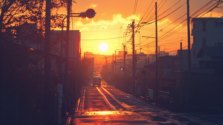 A street with tram tracks reflecting the sunset, lined with buildings, power lines, and a distant bus, all silhouetted against a bright orange sky.の素材