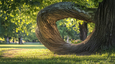 A mature tree trunk with a distinctive loop formation, showcasing textured bark and a natural arch. The trunk is brown and rough.の素材