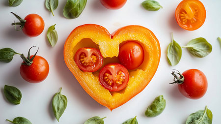 Bright orange heart-shaped bell pepper, filled with whole and halved red cherry tomatoes, surrounded by fresh green basil leaves, vibrant and healthy.の素材