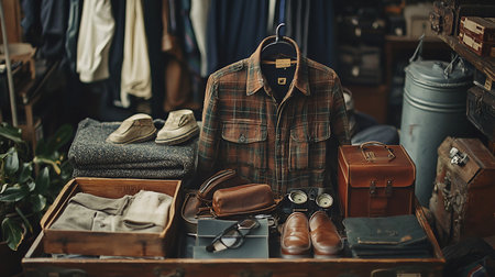 A warm-toned plaid flannel shirt with two chest pockets, brown leather loafers, a small leather satchel, and other rustic accessories are neatly arranged on a wooden surface.の素材