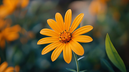 A bright yellow flower with textured petals and a detailed orange center, standing on a slender green stem.の素材