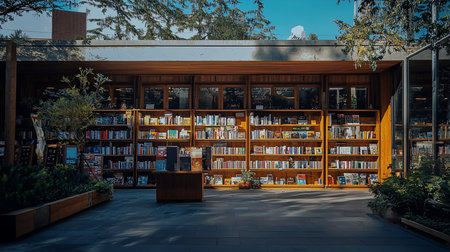 Wooden bookshelves filled with various books, arranged in a well-lit outdoor bookstore setting. The shelves are made of wood.の素材