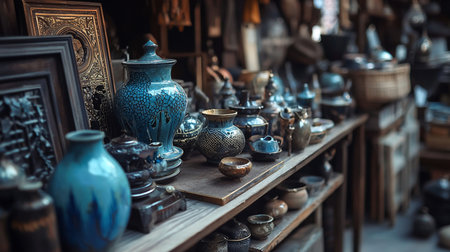 Diverse collection of handcrafted ceramic and pottery items, showcasing blue crackle glaze vases, intricately patterned earthenware, and small bowls on wooden shelves.の素材
