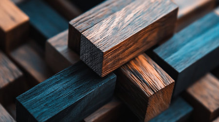 Detailed view of stacked wooden blocks showcasing distinct grain textures and a color palette of warm browns and cool blues.の素材