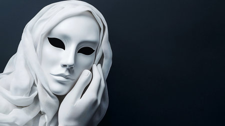 A striking white mask with dark, almond-shaped eyeholes, draped in sheer white fabric, with a delicate hand gently touching its cheek.の素材
