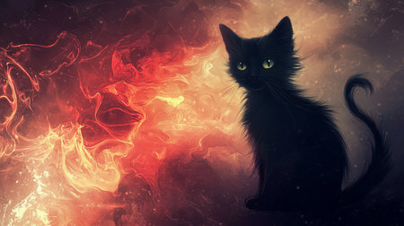 A sleek, black cat with vibrant green eyes is depicted sitting upright. The cat has fluffy fur and a curled tail.の素材