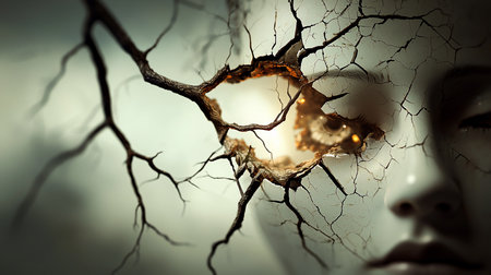A surreal close-up of a face with a shattered, cracked surface revealing a luminous golden eye through a hole from which dark, gnarled branches are growing.の素材