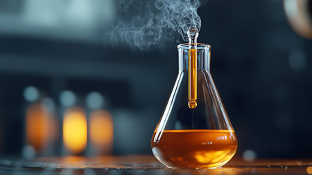 A clear glass Erlenmeyer flask containing a yellow liquid, with a glass dropper and rising vapor. The flask is on a reflective surface.の素材