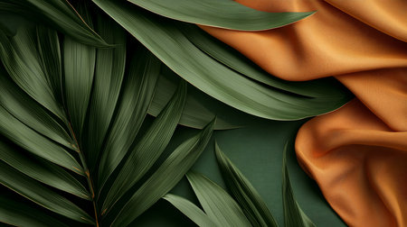 A close-up view showcases the intricate textures of deep green palm leaves artfully arranged with a draped piece of burnt orange fabric.の素材