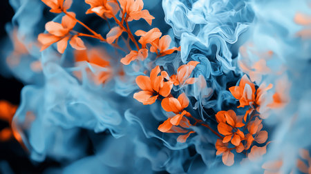 Close-up of orange flowers with multiple petals, attached to thin, brown stems. The flowers are in full bloom, showcasing their intricate details.の素材