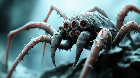A close-up of a spider with eight red eyes, a dark textured body, spiked legs, and sharp, curved claws.の素材
