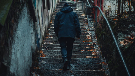 A figure seen from the back, dressed in a dark blue hooded winter jacket, black pants, and dark footwear, captured mid-stride while walking up.の素材