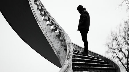 A solitary figure in a dark hooded jacket stands with head bowed, hands in pockets, on a curved, weathered stone staircase featuring ornate balustrade and snow-dusted steps.の素材