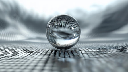 A clear glass sphere reflects a gridded surface, creating a distorted, abstract image. The sphere has a smooth, reflective surface.の素材