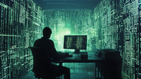A silhouetted person sits at a desk, facing a computer monitor, in a room with digital code projections. The person is using a keyboard and mouse.の素材