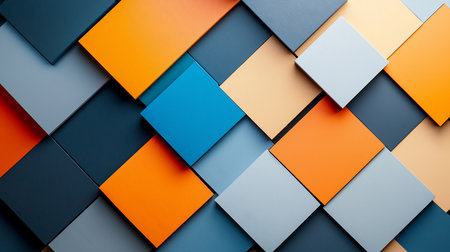 A captivating arrangement of colorful square tiles featuring a subtle wood grain texture. Overlapping blocks in orange, blue, grey, and beige create a modern, dynamic surface.の素材