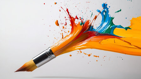 A paintbrush with a silver ferrule and yellow bristles is captured mid-splash, ejecting vibrant, glossy paint in multiple colors.の素材