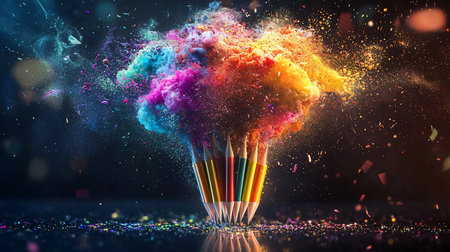 Cluster of sharpened wooden pencils unleashing a vibrant, dynamic explosion of fine multicolored powder and confetti, creating an energetic burst.の素材