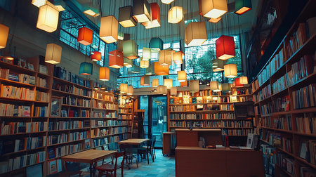 An inviting bookstore interior with extensive wooden bookshelves packed with diverse books. Numerous multicolored square pendant lamps illuminate the space, creating a cozy ambiance.の素材