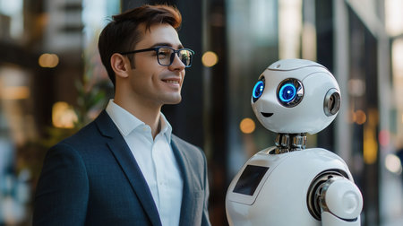 A young businessman in a dark suit and glasses smiles warmly while looking at a small, white, glossy robot with chrome joints and glowing blue circular eyes.の素材