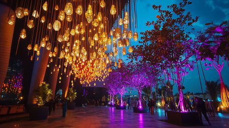 Numerous woven, teardrop-shaped lights hang from above, emitting a warm, golden glow. The lights feature intricate textures and varying sizes.の素材