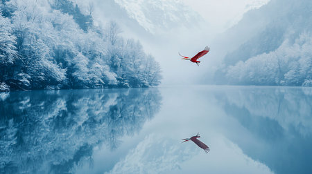 A striking scarlet ibis in mid-flight, showcasing its brilliant red plumage and contrasting white head. Wings are fully extended, legs tucked.の素材