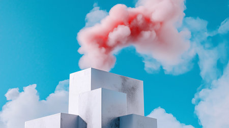 A stack of weathered white concrete blocks emitting a voluminous, soft plume of pink and red smoke. The cubes are arranged in a minimalist, geometric formation.の素材