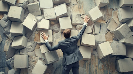 A man in a suit is shown from behind, with his arms outstretched, pushing against a wall of irregularly stacked concrete blocks.の素材
