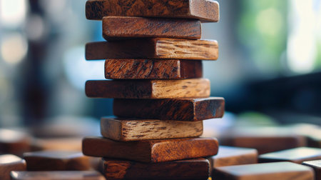 A close-up of a tower made from dark brown, rectangular wooden blocks. The pieces are stacked in a crisscross pattern, revealing a prominent, rustic wood grain and texture.の素材