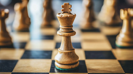 A close-up of a light brown wooden king chess piece with detailed carvings, a prominent grain texture, and a cross finial.の素材