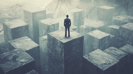 A solitary man in formal business attire, seen from behind, stands firmly on the flat top of a large, rough-textured, geometric stone block, looking out into the distance.の素材
