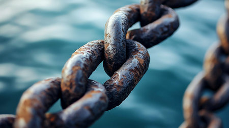 A close-up shot of a rusty metal chain. The chain links are interlocked, showing a weathered and textured surface with visible rust.の素材