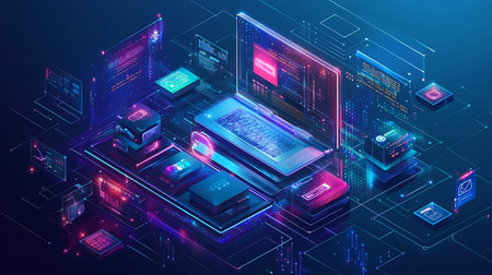 A futuristic laptop with a glowing screen, keyboard, and surrounding data elements, rendered in neon blue and pink hues, showcasing digital information.の素材