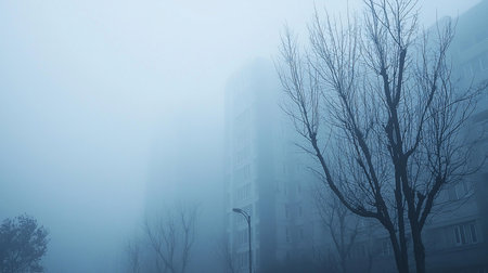 A tall, multi-story building is partially visible through a thick, cool-toned fog, with the dark silhouettes of leafless trees in the foreground.の素材