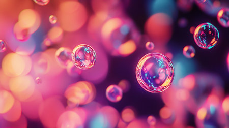 A cluster of transparent spheres reflecting vibrant pink, purple, and blue hues, creating a bokeh effect with blurred lights.の素材