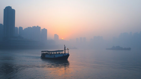 A small passenger ferry boat with a dark-colored hull and a white upper cabin featuring large windows. The vessel is in motion, with a small mast and light at its bow.の素材