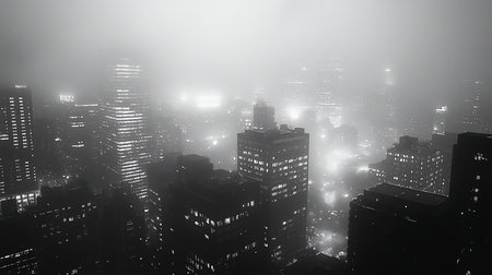 A high-angle, black and white cityscape shrouded in dense fog. Buildings of varying heights are visible, illuminated by lights. The fog obscures details.の素材