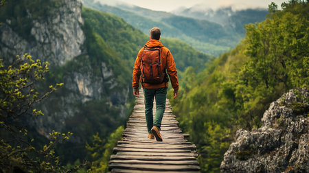Back view of a hiker with an orange jacket, backpack, green pants, and brown shoes walking on a wooden bridge.の素材
