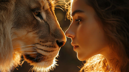 Close-up profile of a lion's textured golden fur and prominent whiskers, facing a woman's smooth skin and delicate features, noses almost touching.の素材