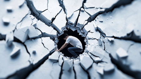 A man in a white shirt and jeans is emerging from a cracked surface, reaching out. The surface is broken.の素材