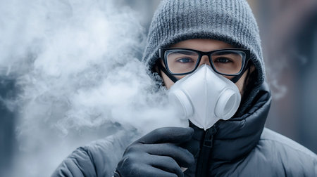 Close-up of a man wearing a gray beanie, black glasses, a white mask, and a dark jacket, surrounded by white smoke.の素材