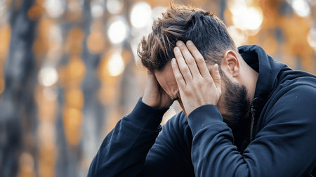 Man with dark hair and beard, wearing a dark hoodie, holding his head with his hands, expressing stress, anxiety, or sadness.の素材